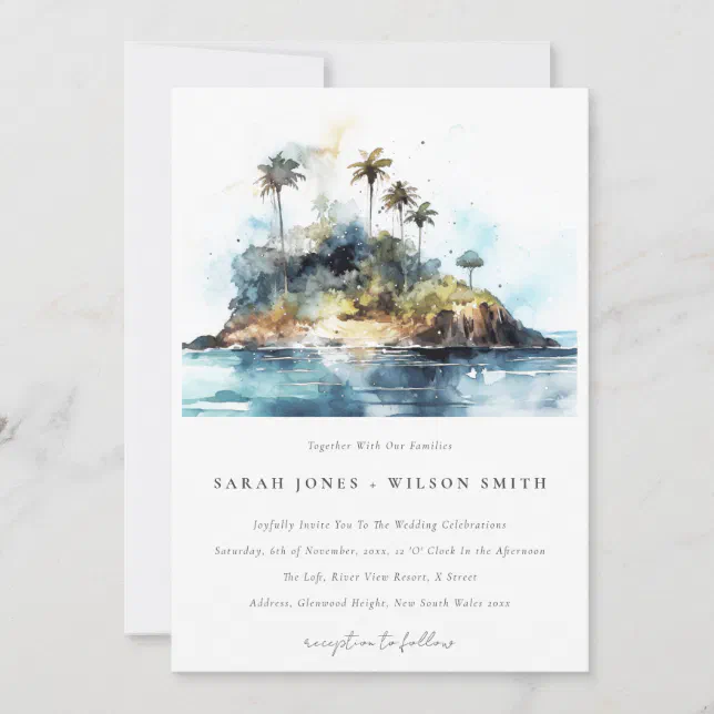 Chic Watercolor Seascape Palm Tree Island Wedding Invitation | Zazzle