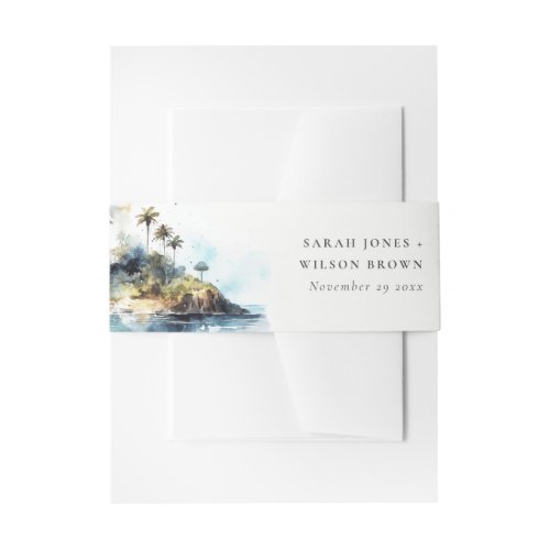Chic Watercolor Seascape Palm Tree Island Wedding Invitation Belly Band