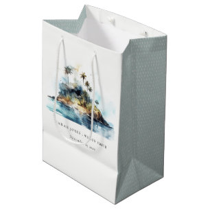 Chic Watercolor Seascape Palm Tree Island Wedding Medium Gift Bag