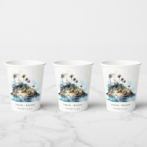 Chic Watercolor Seascape Palm Tree Island Wedding Paper Cups