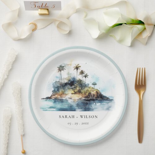 Chic Watercolor Seascape Palm Tree Island Wedding Paper Plates