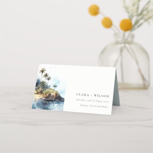 Chic Watercolor Seascape Palm Tree Island Wedding Place Card