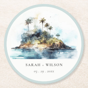 Chic Watercolor Seascape Palm Tree Island Wedding Round Paper Coaster