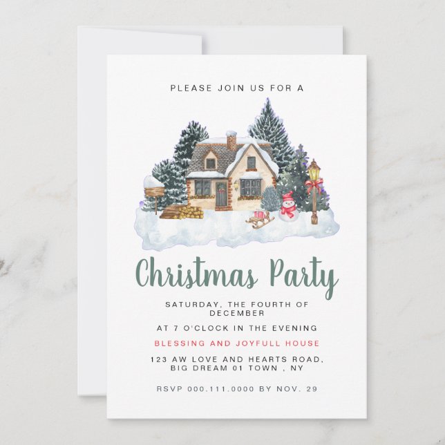 Chic Watercolor Snow House Christmas Celebration Invitation (Front)