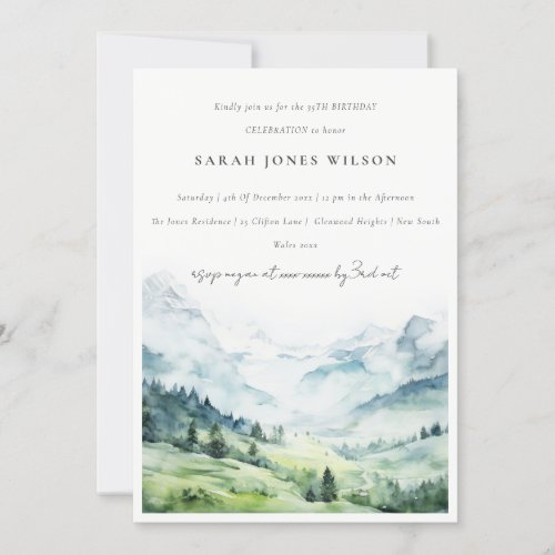 Chic Watercolor Snow Mountain Landscape Birthday Invitation