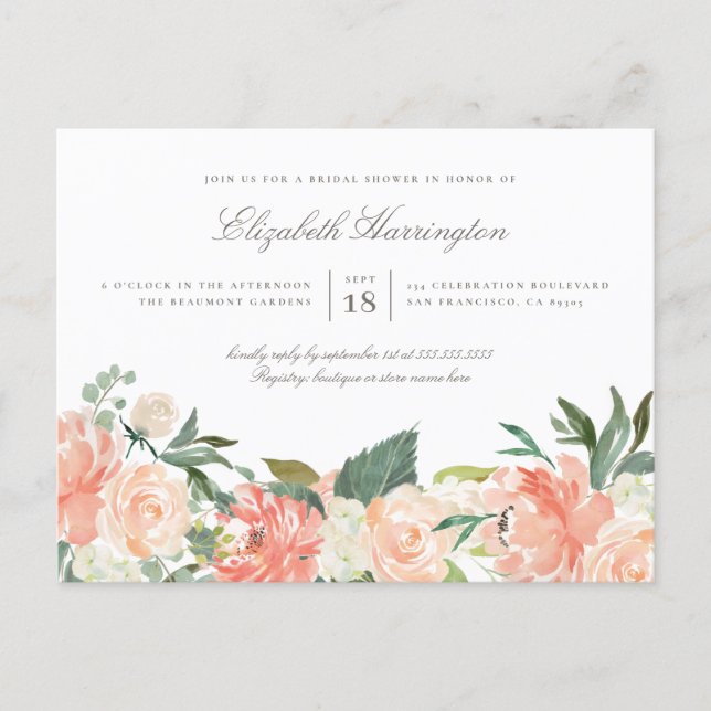 Chic Watercolor Spring Floral Bridal Shower Invitation Postcard (Front)