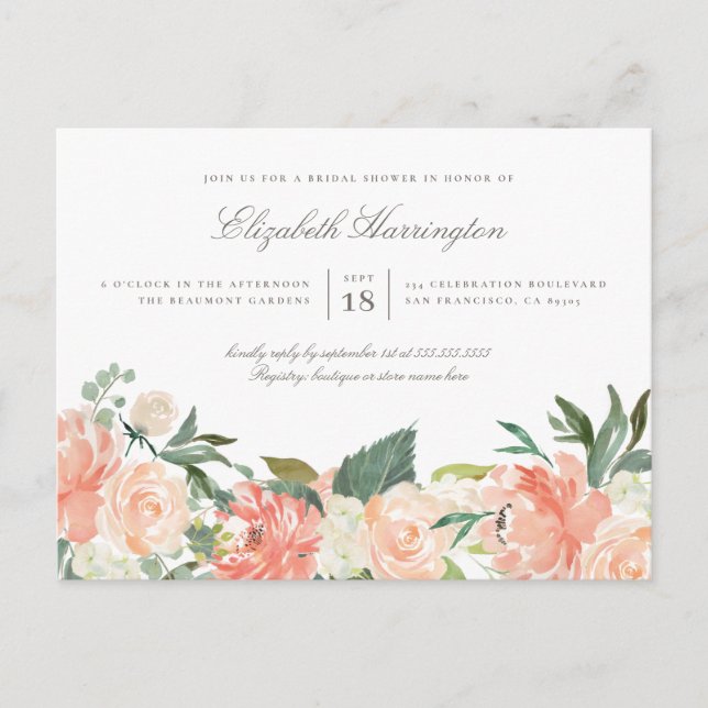 Chic Watercolor Spring Floral Bridal Shower Invitation Postcard (Front)