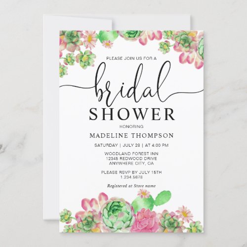 Chic Watercolor Succulent Cactus Bridal Shower Invitation