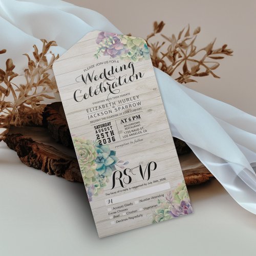 Chic Watercolor Succulent Rustic Wood Wedding RSVP All In One Invitation