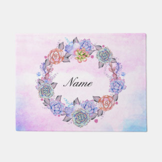Chic Watercolor Succulents Wreath Doormat
