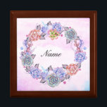 Chic Watercolor Succulents Wreath Jewelry Box<br><div class="desc">Modern,  romantic pink and blue watercolor succulents wreath on a pretty watercolor background. Text,  font,  size and color of font can be customized. If you need assistance customizing your product please contact me through my store. I will be happy to help.</div>