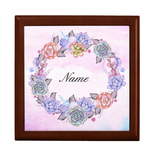 Chic Watercolor Succulents Wreath Jewelry Box (Front)