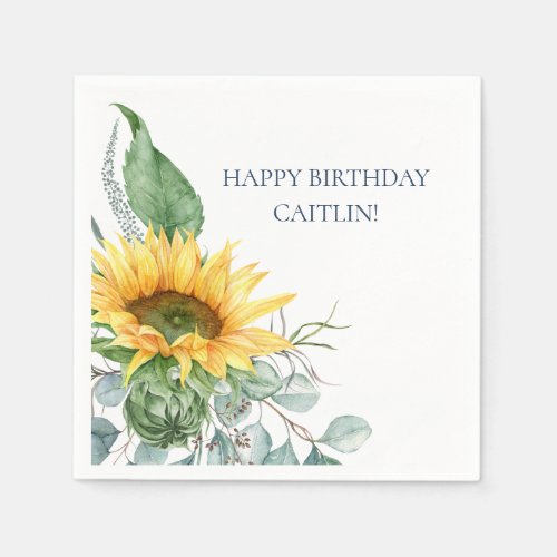 Chic Watercolor Sunflower Floral Birthday Napkins