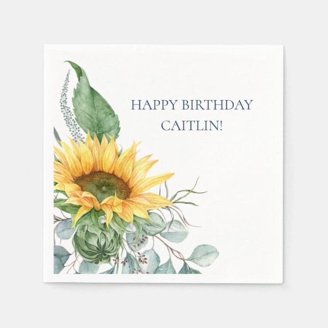 Chic Watercolor Sunflower Floral Birthday Napkins (Front)
