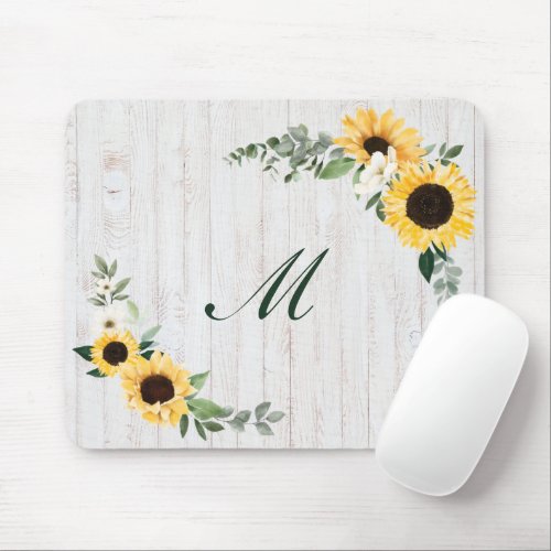 Chic Watercolor Sunflower Wreath Whitewood Initial Mouse Pad
