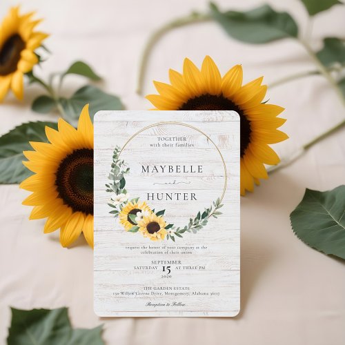 Chic Watercolor Sunflower Wreath Whitewood Wedding Invitation