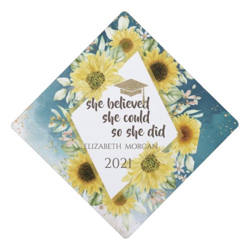 Chic Watercolor Sunflowers Glitter Graduate Cap