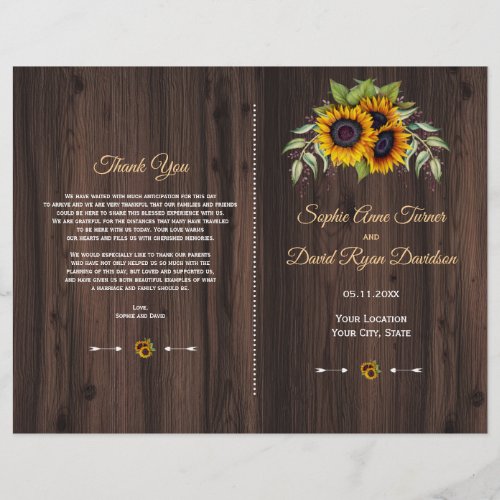 Chic Watercolor Sunflowers Wood Wedding Program