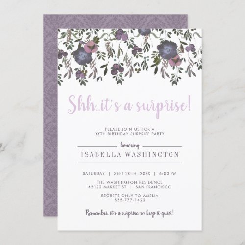 Chic Watercolor Surprise Birthday Party Invitation - Chic Watercolor Surprise Birthday Party Invitation.
Chic Watercolor Surprise Birthday Party Invitation by Eugene Designs. Send these elegant purple watercolor invitations and start your surprise party with a modern message. On the front, in stylish handwritten style script are the words "shhh.. it's a surprise" in a delicate pastel lilac. On the reverse, there is a classical damask in a matching hue as the watercolor flowers on the front. Blocked chromatic gray serif fonts communicate the details of your surprise party with maximum clarity but with a gentle level of contrast to the eye. These Zazzle invitations are flat printed - nothing is affixed to the paper. Thanks. Have a fantastic celebration!