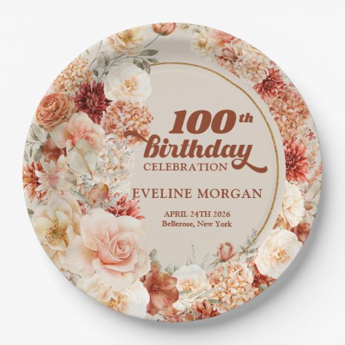Chic watercolor terracotta burgundy 100th birthday paper plates