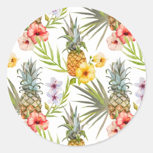 Chic Watercolor Tropical Flowers Leaves Pineapple Classic Round Sticker