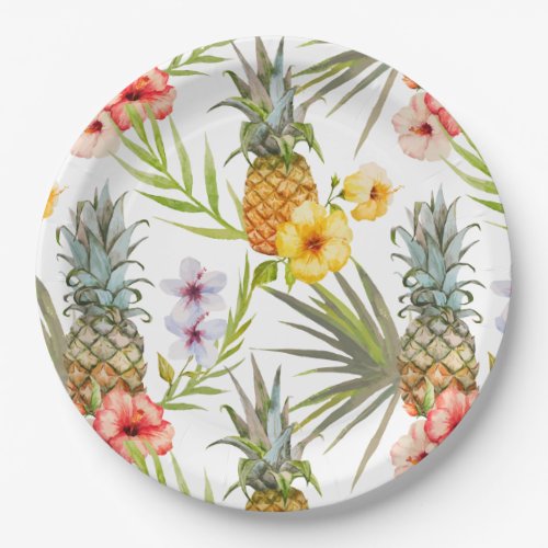 Chic Watercolor Tropical Flowers Leaves Pineapple Paper Plates