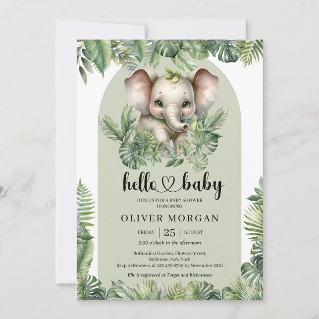 Chic Watercolor tropical greenery cute elephant  Invitation (Front)