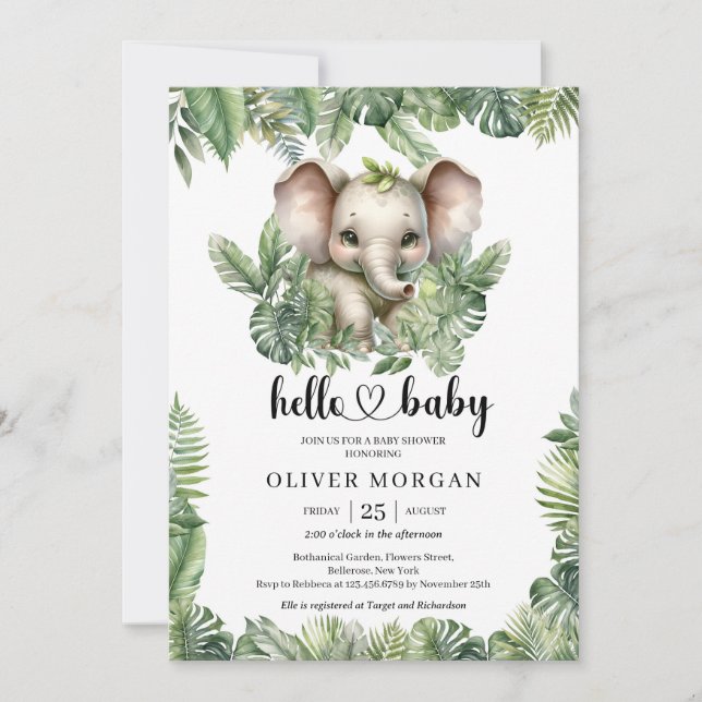 Chic Watercolor tropical greenery cute elephant  Invitation (Front)