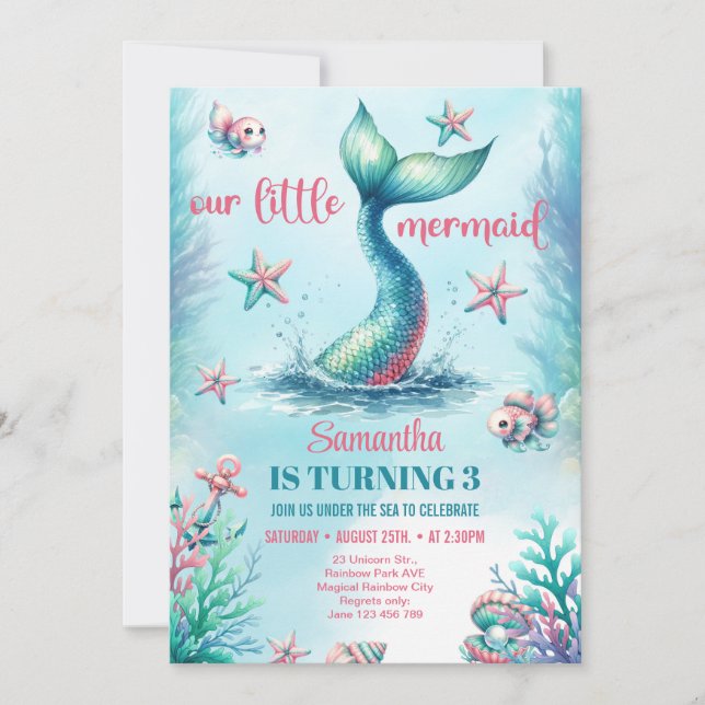 Chic watercolor turquoise mermaid tail birthday invitation (Front)