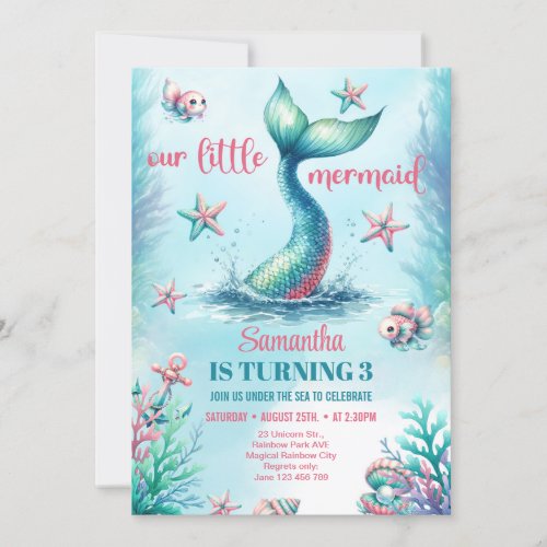 Chic watercolor turquoise mermaid tail birthday invitation