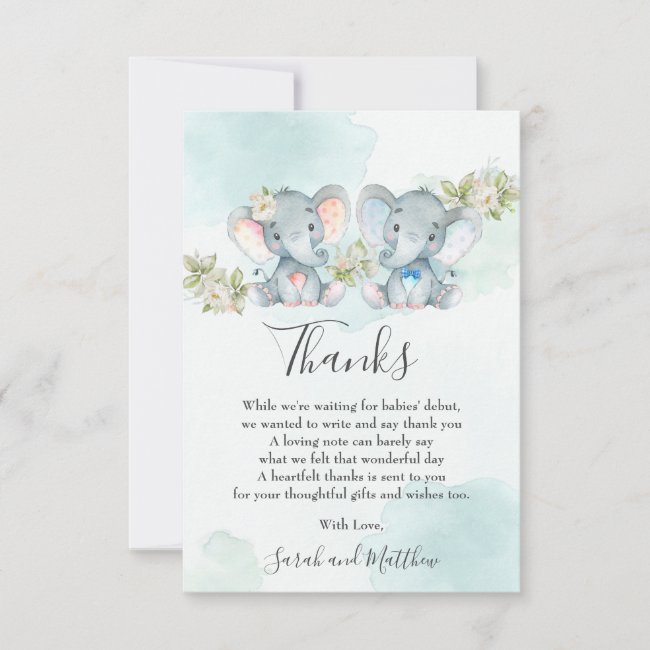 Chic Watercolor Twin Boy Girl Elephant Baby Shower Thank You Card