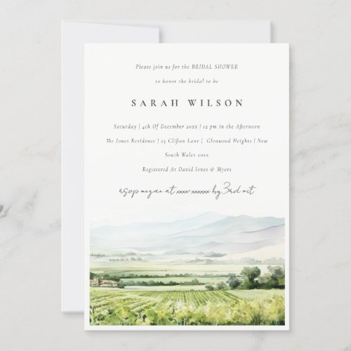 Chic Watercolor Vineyard Landscape Bridal Shower Invitation
