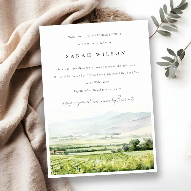 Chic Watercolor Vineyard Landscape Bridal Shower Invitation | Zazzle
