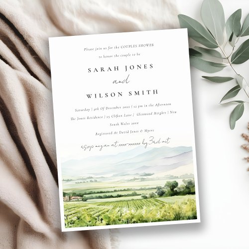 Chic Watercolor Vineyard Landscape Couples Shower Invitation