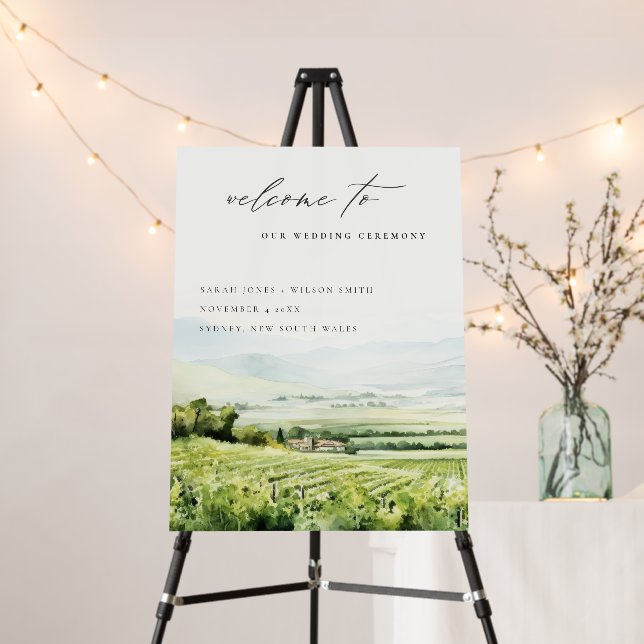 Chic Watercolor Vineyard Landscape Wedding Welcome Foam Board (In Situ (Stand))