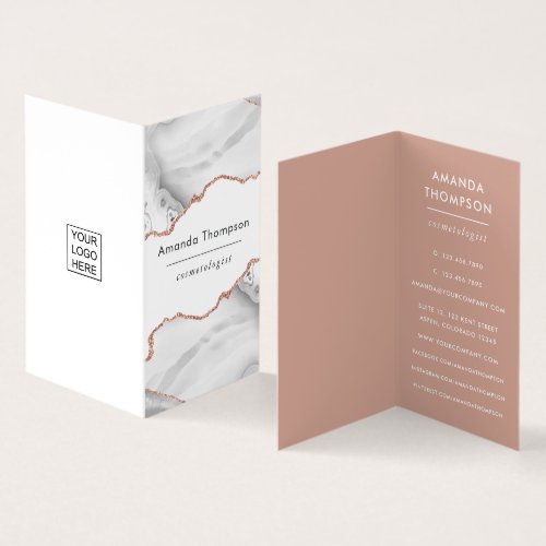 Chic Watercolor White and Rose Gold Agate Business Card
