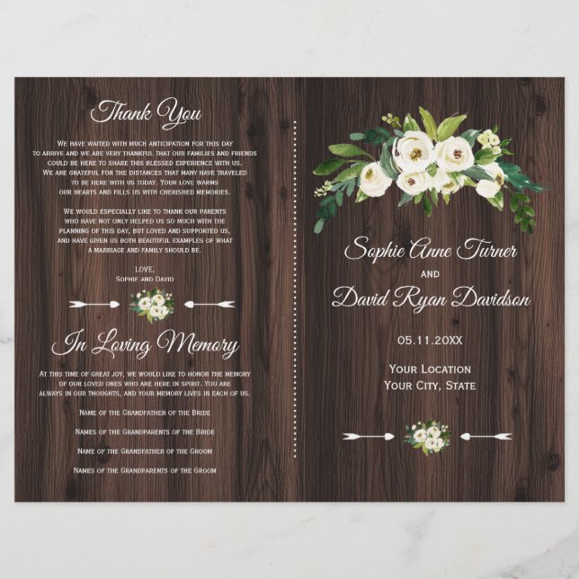 Chic Watercolor White Floral Wood Wedding Program (Front)