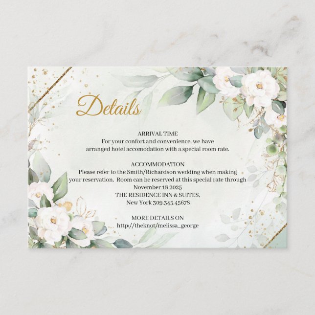 Chic watercolor white flowers eucalyptus gold  enclosure card (Front)