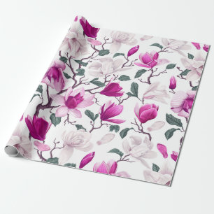 Chic Watercolor White Hot Pink Magnolias Pattern Wrapping Paper