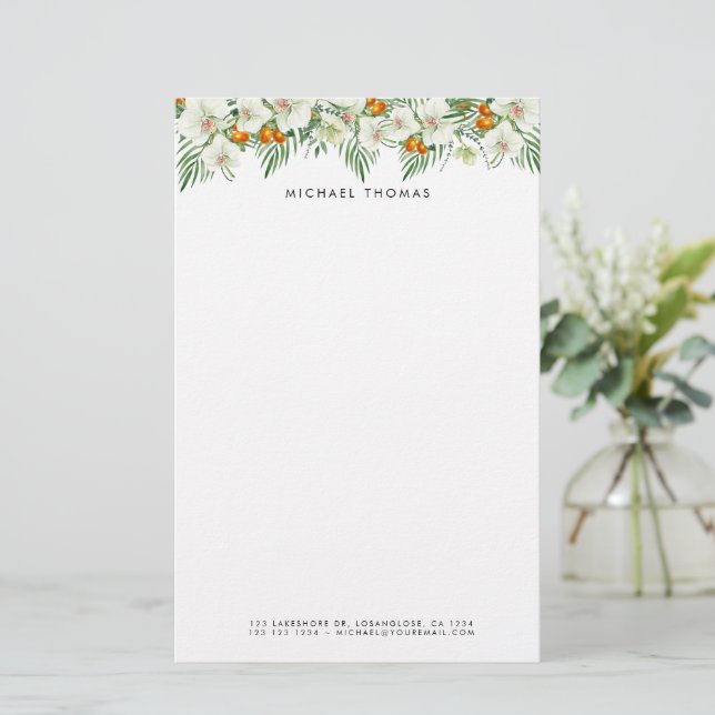 Chic Watercolor White Orchids Kumquats Personized  Stationery (Standing Front)