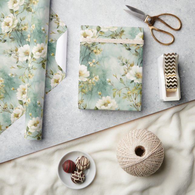 Chic Watercolor white wildflowers greenery foliage Wrapping Paper (Crafts)