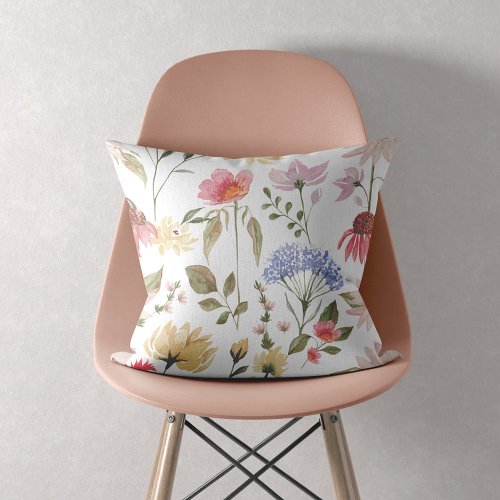 Chic Watercolor Wildflowers  Foliage Pattern Throw Pillow