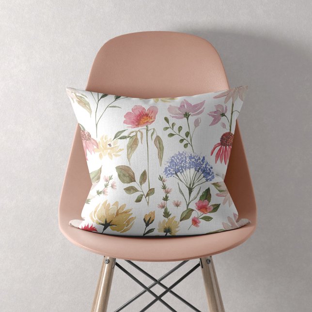 Chic Watercolor Wildflowers & Foliage Pattern Throw Pillow (Creator Uploaded)