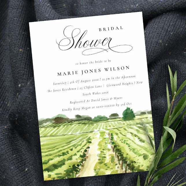 Chic Watercolor Winery Vineyard Bridal Shower Invitation | Zazzle