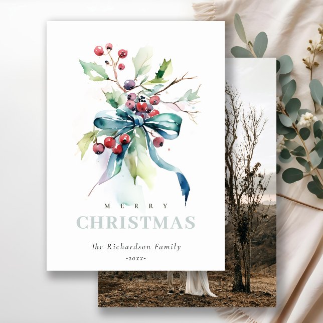 Chic Watercolor Winter Berries Christmas Photo Holiday Card (Creator Uploaded)