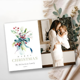 Chic Watercolor Winter Berries Christmas Photo Holiday Card
