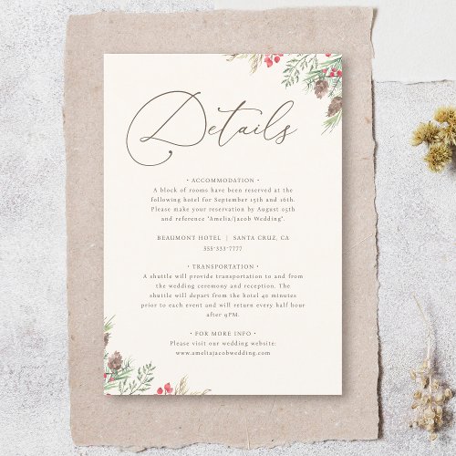 Chic Watercolor Winter Greenery Wedding Details Enclosure Card
