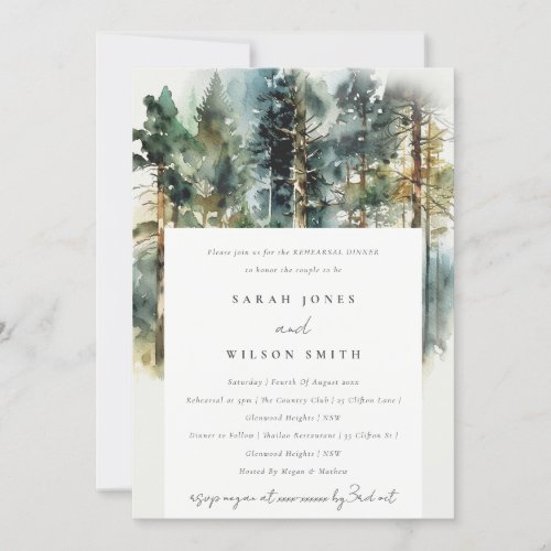 Chic Watercolor Woodland Forest Rehearsal Dinner Invitation