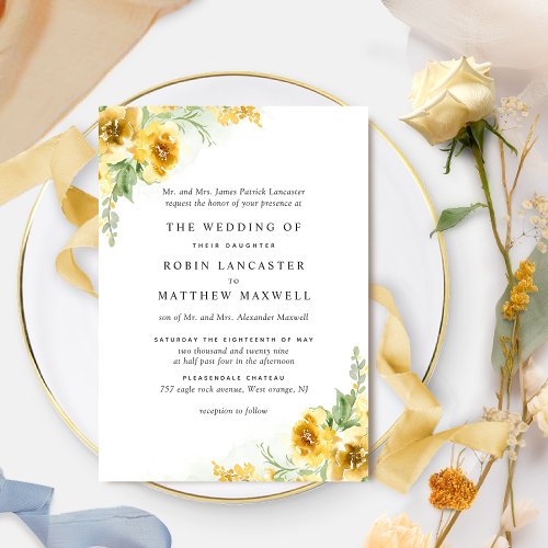 Chic Watercolor Yellow Ochre Floral Formal Wedding Invitation