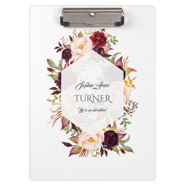 Chic  Watercolour Burgundy Floral Navy Monogram Clipboard (Front)